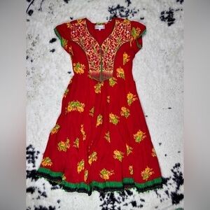 Westside Ethnic Red Yellow Short Sleeve Fringe Cotton Maxi Dress Size Small